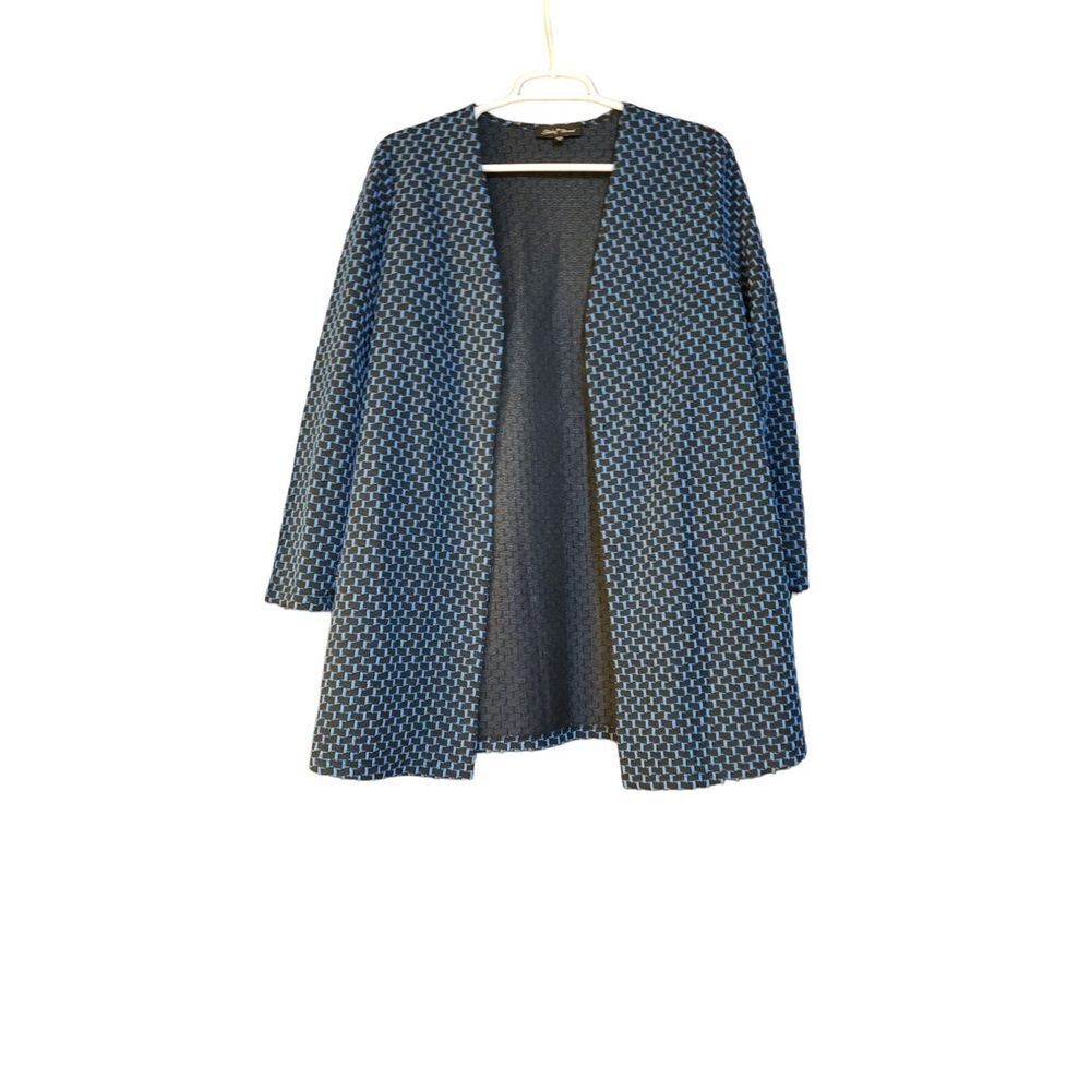 Slinky Brand Blue Geometric Print Open Cardigan Womens Size XS Stretchy Textured